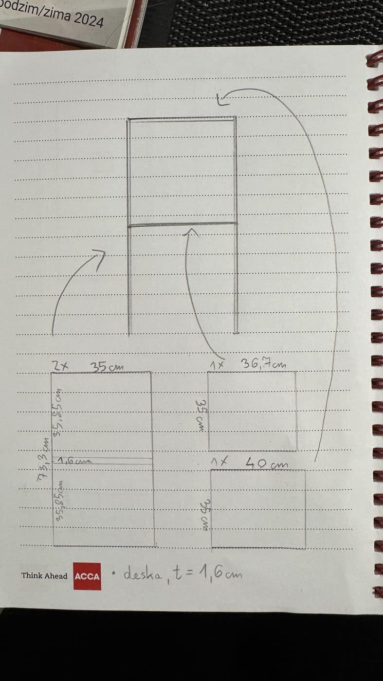 A hand-drawn elevation of the cabinet with each panel dimensioned.