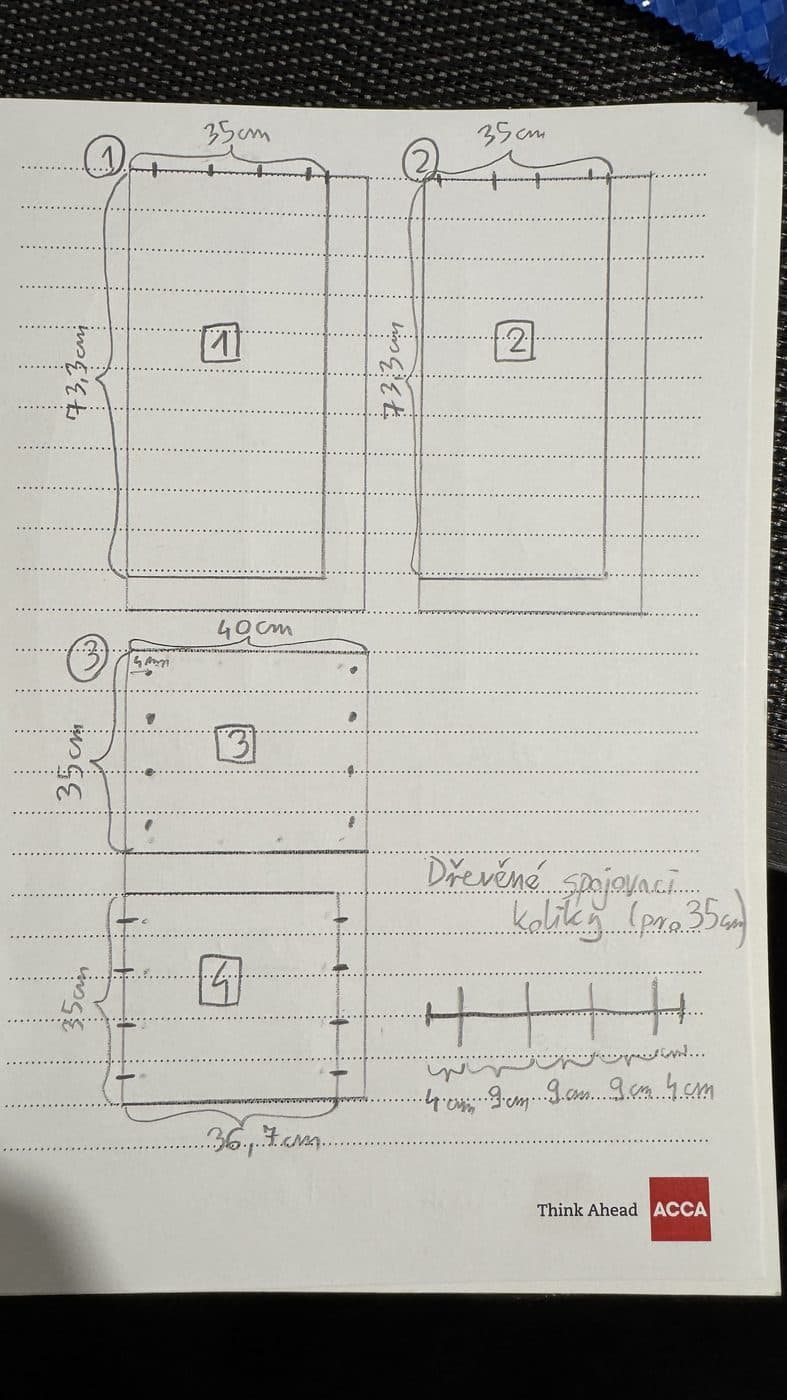 A notebook page with the cut list and dowel spacing.